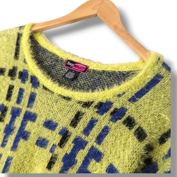 Y2K Clueless Plaid Fuzzy Bright Yellow Indie Sleaze Sweater by Say What: Large - Picture 3 of 7